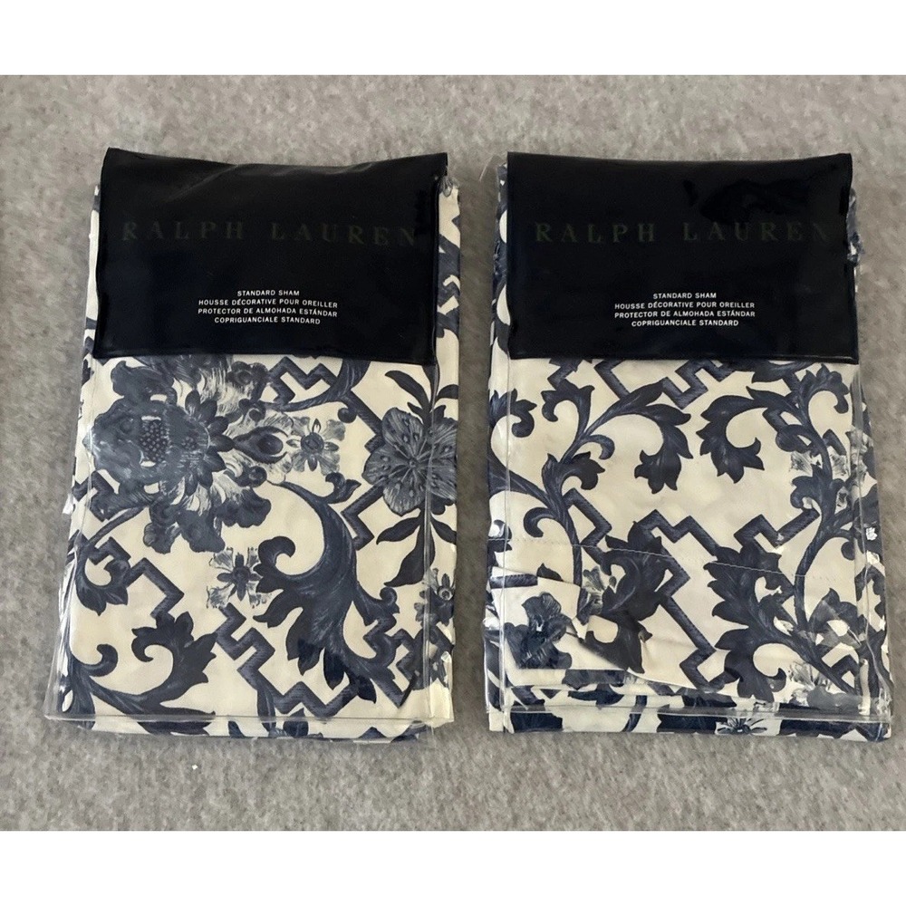 Ralph Lauren Dorsey Standard Sham Set of 2 New Blue White Porcelain Lotus Pair
